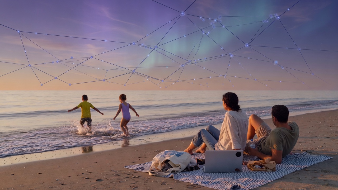 A family on the beach at dusk; the cloud works in the sky while the laptop stays closed