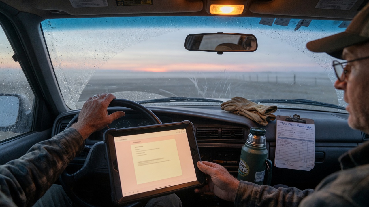 Dawn in a work truck: tablet on the wheel, gloves and a job on the dash