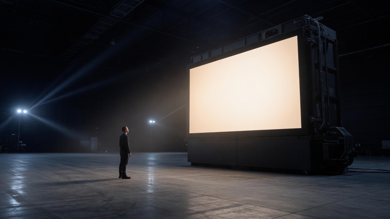 A single person in a dark hall, facing a wall of light — first contact with the machine