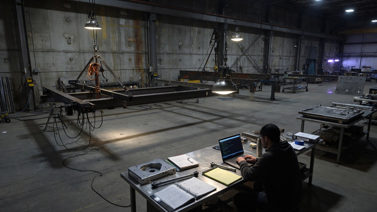 A high-bay at night: one bench, a laptop, steel in the air
