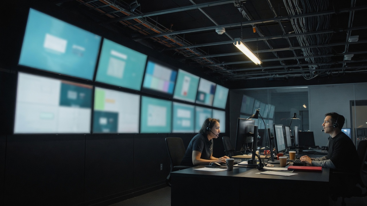 A dark operations room: two people at the boards, screens as the only light